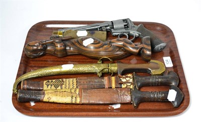 Lot 134 - A non-functioning replica Adams Patent five-shot percussion revolver; a three draw brass-cased...
