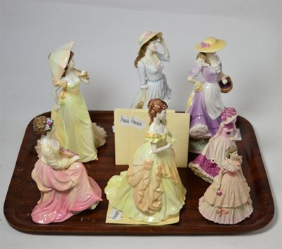 Lot 141 - Two Royal Worcester figures; Summer and Autumn, and five Coalport figures (7)