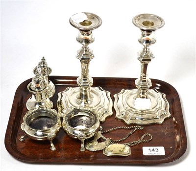 Lot 143 - A four piece silver cruet set, silver ";Martini"; decanter label, silver plate ";Port";...