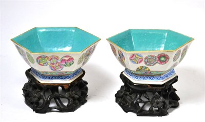 Lot 144 - A pair of Chinese bowls with turquoise interiors, on stands (a.f.), bowls 16.5cm diameter by...