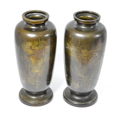Lot 160 - A pair of Japanese bronze vases with silver wire inlay, late 19th/early 20th century, 31.5cm high