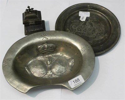 Lot 188 - A 17th century pewter holy water pot of sarcophagus form mounted with a Maltese cross, together...