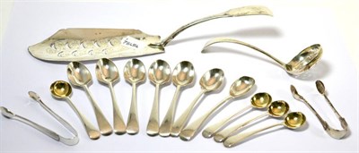 Lot 200 - A group of silver including fish slice, two pairs of sugar nips, tea strainer, set of four...