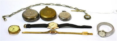 Lot 212 - A silver pocket watch, lady's fob watch stamped 935, plated pocket watch, four wristwatches and...