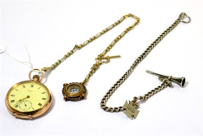 Lot 229 - A 9ct gold open faced pocket watch, yellow metal chain with attached compass and a white metal...