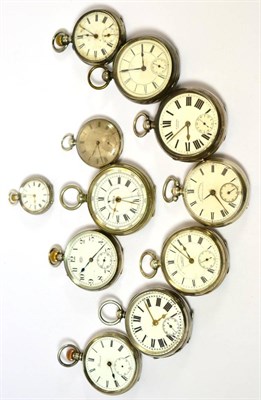 Lot 231 - Seven silver pocket watches, a nickel plated chronograph pocket watch and three fob watches (11)