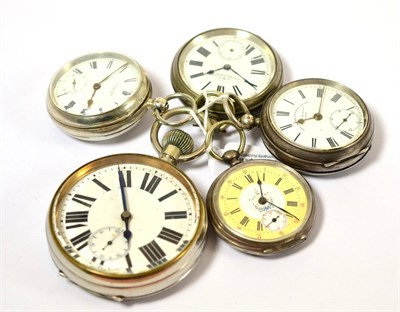 Lot 233 - Two silver pocket watches, pocket watch stamped 0.800, nickel plated pocket watch and a plated...