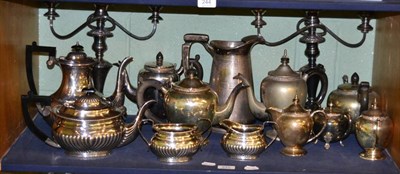 Lot 245 - A late 19th century large plated jug, a pair of plated candelabra, teawares, etc