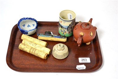 Lot 263 - A Yixing teapot, Japanese brush pot, Chinese blue and white basket and an Oriental bone opium pipe