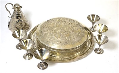 Lot 269 - A tray of white metal Indian metalware, elaborately decorated box and cover, tray, six cups and...