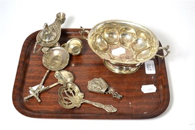 Lot 270 - A group of Continental silver and white metal items including a Middle Eastern form oil lamp...