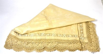 Lot 272 - A cream damask table cloth with lace border and inset, possibly Maltese