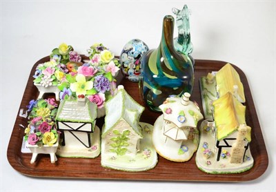 Lot 283 - A tray of Coalport cottage ornaments and flower ornaments, a Mdina glass vase, sea horse and Murano