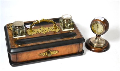 Lot 286 - A Victorian brass mounted standish with silver mounted inks and an oak and silver mounted desk...