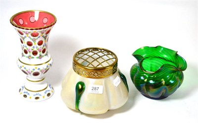 Lot 287 - A Bohemian overlay glass vase, a Loetz glass vase and an Austrian glass rose bowl