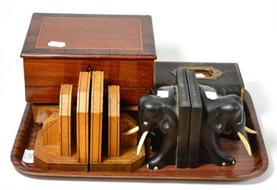 Lot 290 - A crossbanded mahogany box, jewellery box, ebony and bone elephant bookends etc