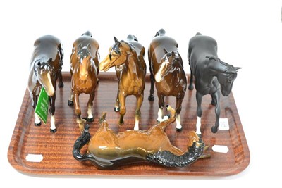 Lot 293 - Two Beswick brown horses, a Beswick dapple grey shire, three Beswick hounds and a Beswick dalmation