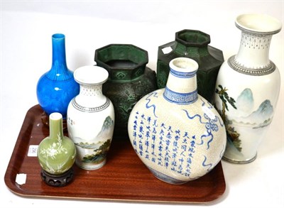 Lot 296 - A tray of 20th century Chinese vases including a blue and white crackle glazed flask vase, two...