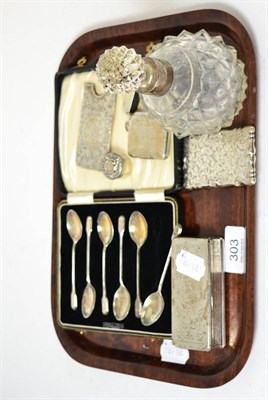 Lot 303 - A group of silver including a snuff box (a.f.), two card cases, a vesta, a pill box, a cased set of