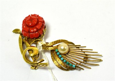 Lot 310 - A coral mounted floral brooch and a cultured pearl and turquoise set brooch (one turquoise missing)