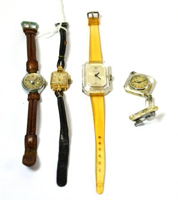 Lot 311 - A vintage Cord lady's chromed wristwatch, 1952 9ct lady's wristwatch, Lucerne Trice Plexiglas...