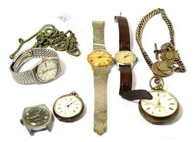 Lot 326 - A silver pocket watch signed Benson, silver curb link chain, lady's fob watch and four gents...