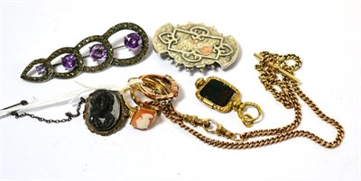 Lot 327 - Five assorted dress rings, brooches, an albert chain and a watch key (mainly a.f.)