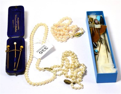 Lot 335 - Three cultured pearl necklaces and group of tie pins including three Victorian examples, one...