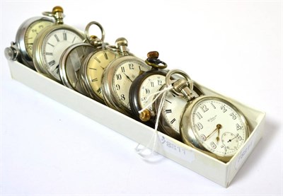 Lot 337 - A military nickel plated pocket watch, silver pocket watch and six other pocket watches