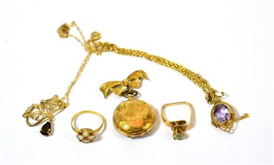 Lot 354 - Two necklaces one stamped 375 the other stamped 9k on the clasps, a fob watch the bar brooch...