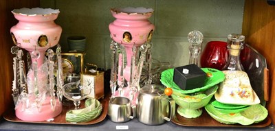 Lot 383 - A pair of pink lustres, glassware, two decanters, ceramics etc