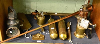 Lot 384 - Brass rose sprayer, BR lamp, three Salters spring balances, a copper and brass mounted coaching...