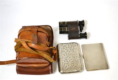 Lot 404 - Silver cheroot case, silver cigarette case and a pair of binoculars