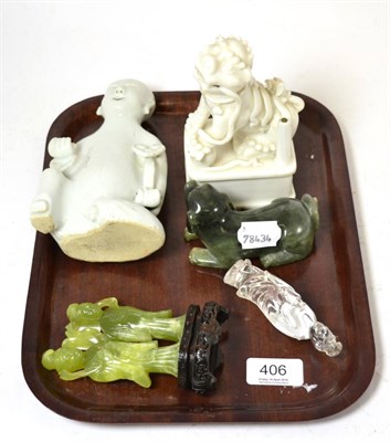 Lot 406 - A Chinese Dehva Fo dog, 18th century, a smiling boy, early 19th century, a rock crystal Guanyin and