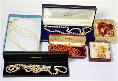 Lot 451 - Various pearl, coral, faux pearl necklaces and other costume jewellery