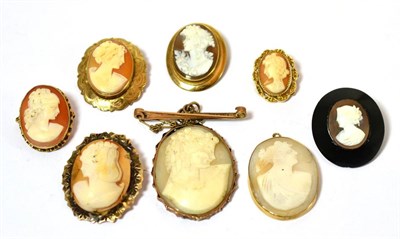 Lot 457 - A group of eight Victorian shell cameo brooches, six with 9ct gold mounts