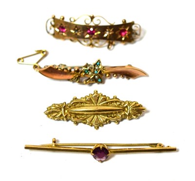 Lot 461 - A group of four Victorian and Edwardian bar brooches including a 9ct gold amethyst set brooch,...