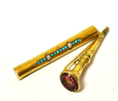 Lot 462 - Two yellow metal bar brooches, one set with turquoise and seed pearls the other in the form of...