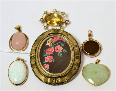 Lot 475 - A group of yellow metal mounted brooches including a 9ct gold mounted opal, 9ct gold mounted...