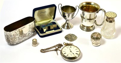 Lot 477 - A box of costume jewellery together with a group of silver including a Christening cup, trophy, hip