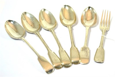 Lot 484 - A set of three Fiddle and Thread pattern serving spoons, London 1837 and a matching dinner...