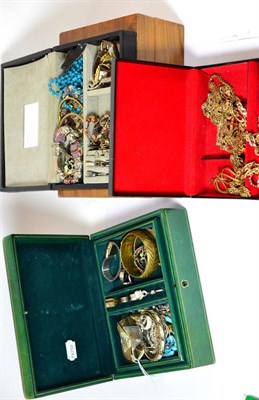 Lot 493 - A wooden jewellery box, three assorted jewellery boxes and gold plated jewellery, brooches etc