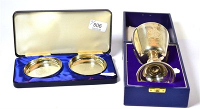 Lot 506 - A cased silver goblet commemorating Queen Elizabeth's silver jubilee, together with a pair of cased