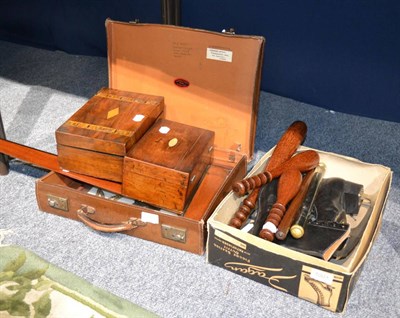 Lot 1001 - Two 19th century mahogany boxes, a pair of ice skates, three mahogany batons, a vintage...