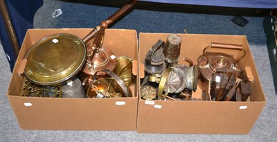 Lot 1006 - A quantity of copper and brass, two reproduction miners lamps and two railway lanterns etc (in...