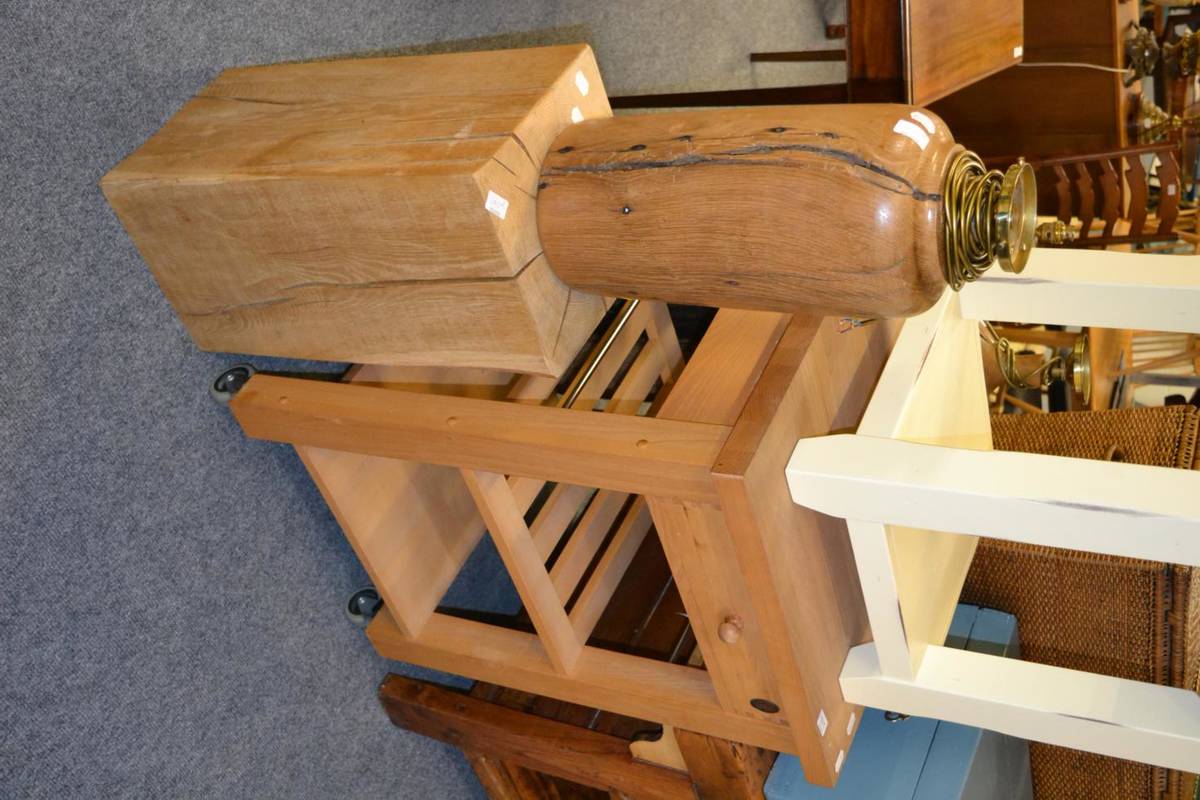 Lot 1011 - A modern Servus butcher's block, an oak stand and a large wooden table lamp base (3)