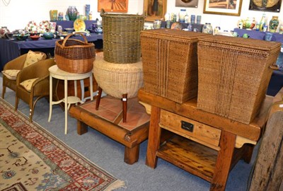 Lot 1013 - A pair of caned hinged baskets, a log basket, a wicker basket, a circular caned occasional...