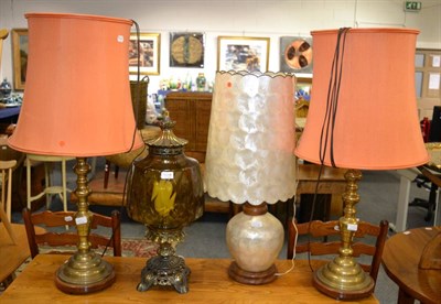 Lot 1018 - A pair of modern decorative brass baluster table lamps, together with two further modern decorative