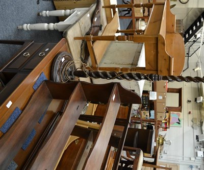 Lot 1047 - Standard lamp and shade, hanging shelves, pine washstand and a yoke