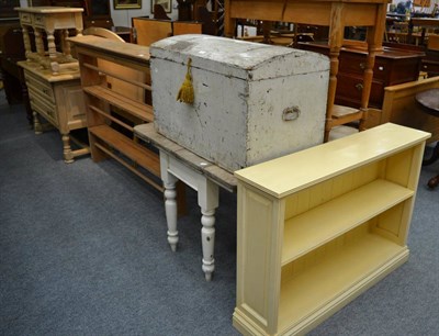 Lot 1048 - Painted pine drop leaf table, domed trunk, pine rack and modern open bookcase (4)